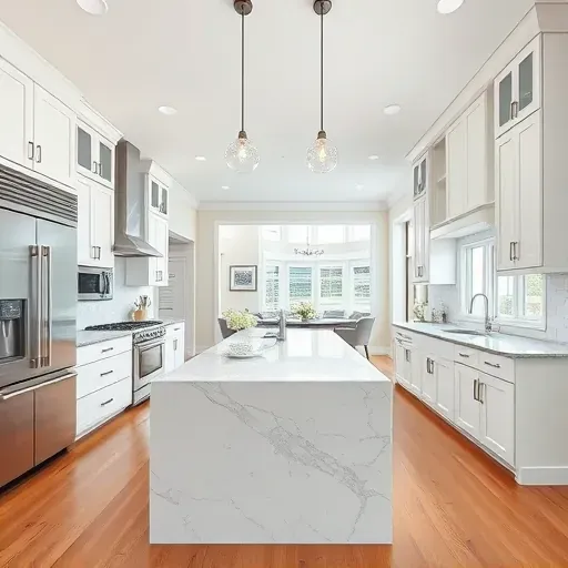 Beautiful modern renovated kitchen in Schaumburg with quartz countertops stainless steel appliances white cabinetry and hardwood floors