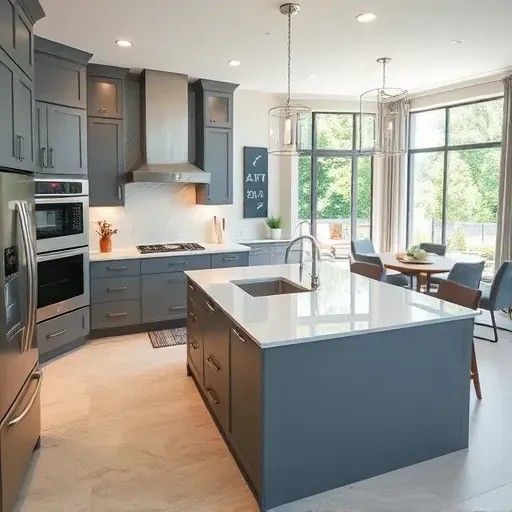 Remodeled Northbrook Illinois kitchen with modern gray cabinets stainless steel appliances marble backsplash and large windows