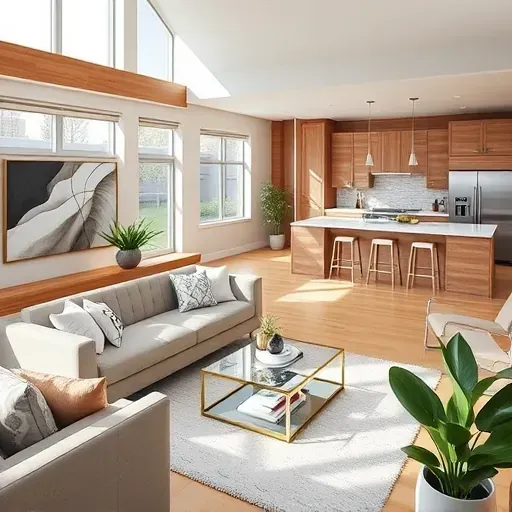 Modern living room in Addison IL with open layout, wood finishes, plush sofa, art decor, and sleek kitchen features.