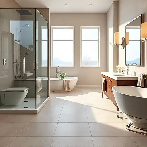 Remodeled Bloomingdale Illinois bathroom with modern fixtures, walk-in glass shower, freestanding tub, stylish vanity and natural light