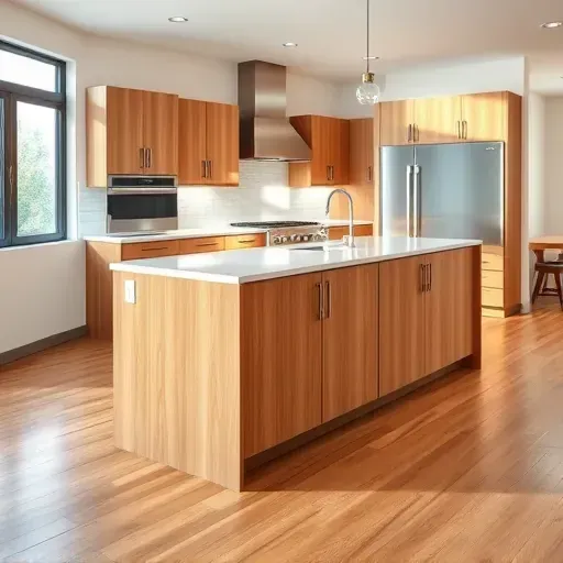 Completed modern kitchen island with quartz countertop, wood finish, sleek cabinetry, and stainless steel appliances in Bloomingdale IL