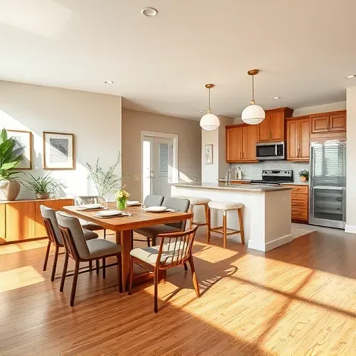Elegant living space in Libertyville with a modern open concept, wooden dining set, polished countertops, and stylish decor.