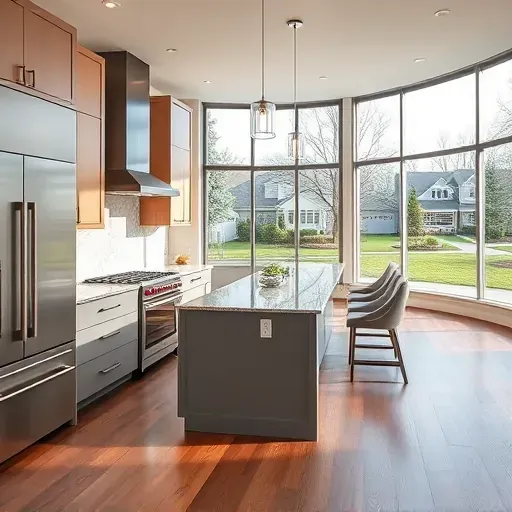 Remodeled modern kitchen in Naperville with matte cabinets granite countertops stainless steel appliances and a spacious island