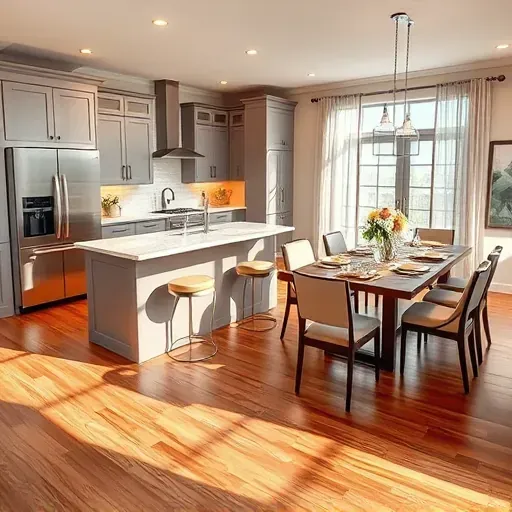 Modern kitchen in Des Plaines IL features sleek gray cabinetry, quartz island, and warm lighting creating inviting atmosphere.