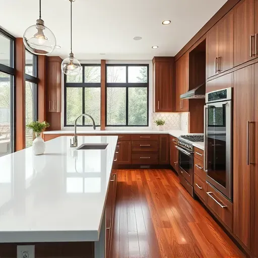 Remodeled Hinsdale Illinois modern kitchen with white quartz countertops dark wood cabinets stainless steel appliances and hardwood flooring