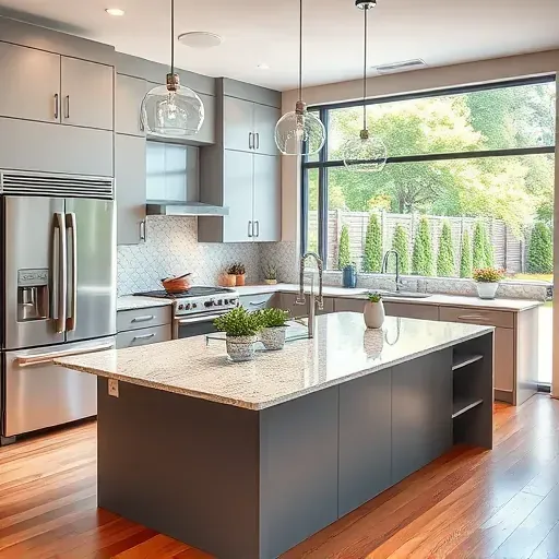 Recently remodeled modern kitchen in Rolling Meadows IL with sleek matte cabinetry stainless steel appliances a granite island and large window overlooking a lush backyard