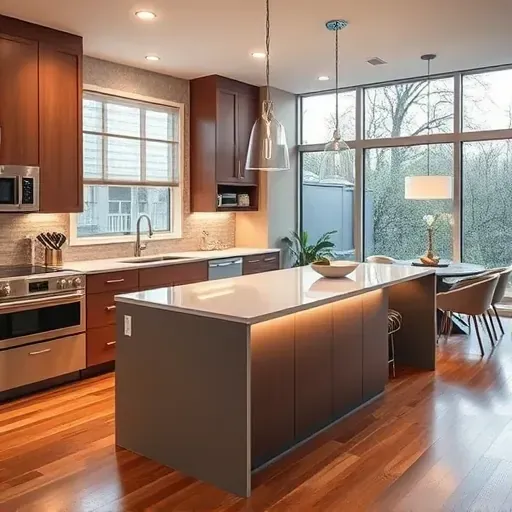 Remodeled Niles Illinois kitchen with sleek matte cabinets quartz island stainless steel appliances modern backsplash and hardwood floors