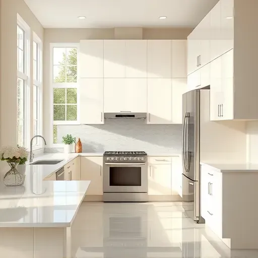 Finished modern kitchen in Bloomingdale IL with neutral tones smooth walls stainless appliances and natural light