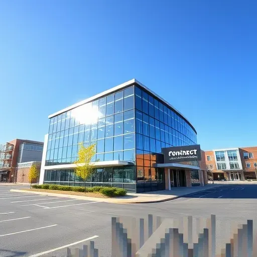 Commercial modern construction building in Bloomingdale IL with glass facades, clean lines, landscaping, and suburban surroundings