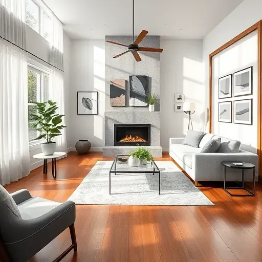 Elegantly renovated living room in Mundelein, showcasing soft grays, wood accents, and modern furnishings with an electric fireplace.