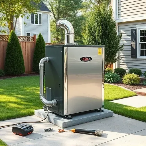 Outdoor modern HVAC unit with maintained ductwork on landscaped suburban yard in Bloomingdale Illinois