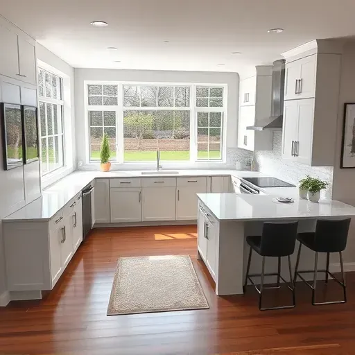 Contemporary Buffalo Grove kitchen with white cabinetry, quartz countertop, modern island, and natural light.