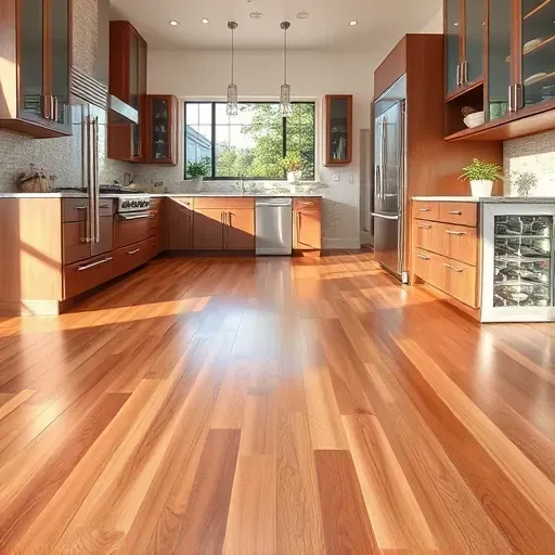 Beautiful hardwood kitchen flooring in Bloomingdale IL with sleek modern decor, high-end cabinets, stainless appliances, and natural sunlight.