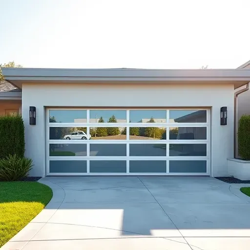 Modern garage with sleek doors, large windows, lush landscaping, and a bright sky showcasing quality craftsmanship