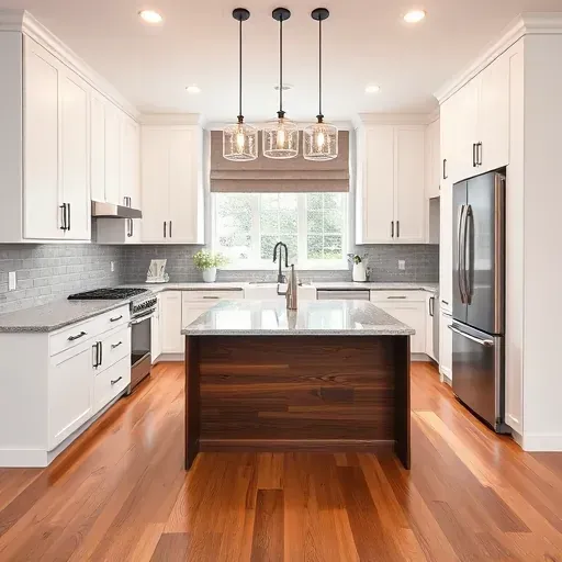 Modern Northfield IL kitchen with matte white cabinets, granite countertops, dark wood island, stainless steel appliances, hardwood floors