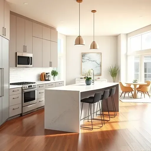 Recently remodeled modern kitchen in Barrington Illinois with sleek matte cabinets quartz countertops and hardwood flooring