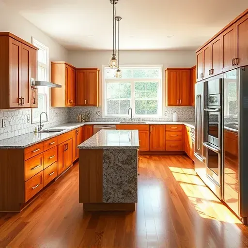 Remodeled Addison Illinois kitchen with granite countertops stainless steel appliances custom wood cabinets and hardwood floors