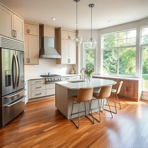 Modern remodeled kitchen in Long Grove IL featuring sleek matte cabinetry, stainless appliances, marble island, subway tile backsplash, hardwood floors, large windows with outdoor view