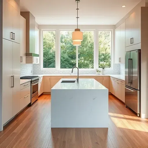 Remodeled Riverwoods kitchen with modern matte cabinetry, stainless steel appliances, quartz countertops, hardwood floors, subway tile backsplash, large windows, and outdoor view