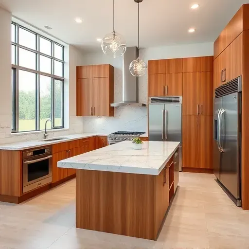 Renovated Niles Illinois kitchen with quartz counters stainless steel appliances custom wood cabinets marble island and natural light