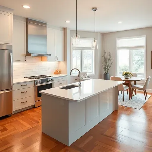 Modern kitchen remodel in Bloomingdale IL featuring sleek cabinetry, quartz countertops, and a spacious island with pendant lights.
