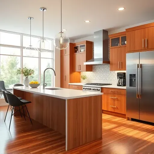 Modern Vernon Hills kitchen with wood cabinets stainless appliances quartz island bright natural light polished hardwood and stylish decor