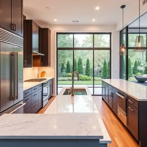 Modern Glenview kitchen remodel featuring stainless steel appliances, quartz countertops, custom cabinetry, and garden view.