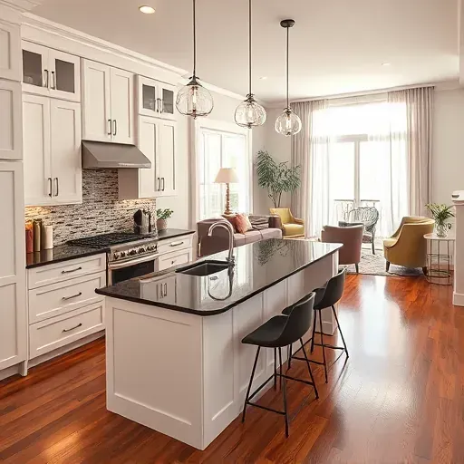 Modern kitchen renovation in Bloomingdale IL with sleek white cabinetry and dark granite island, showcasing inviting aesthetics.