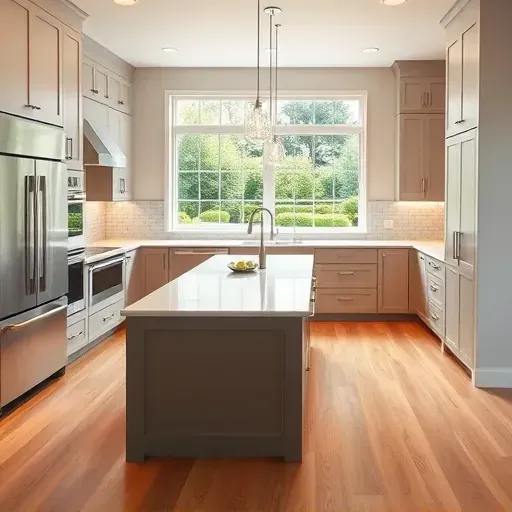 Modern renovated kitchen in Barrington IL with sleek cabinetry, stainless appliances, marble island, hardwood floors, and natural light