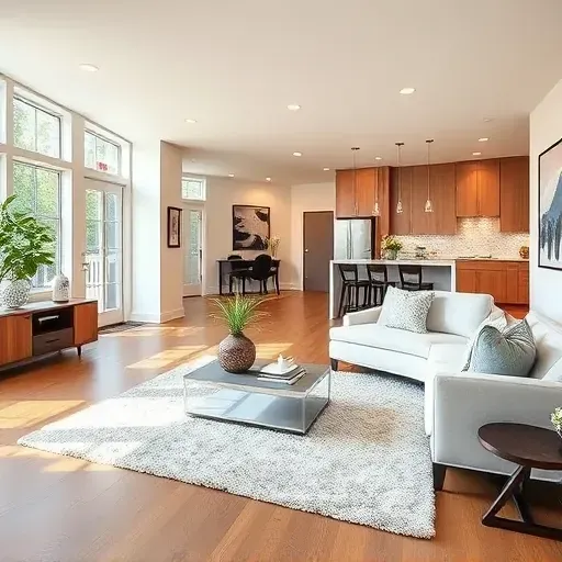 Spacious Skokie IL living room with modern decor, hardwood floors, large windows, and stylish kitchen island.