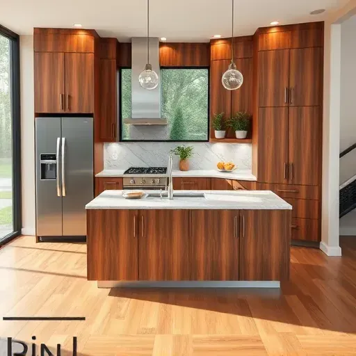 Renovated Oak Brook kitchen with modern matte cabinetry stainless steel appliances granite island hardwood floors and natural light