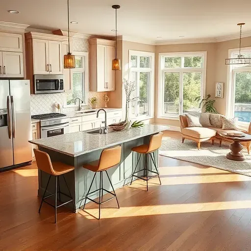 Modern Lincolnshire kitchen remodel with granite countertops, elegant cabinetry, and natural light highlighting wooden floors.
