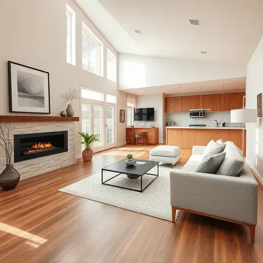Modern Gurnee IL living room remodel with hardwood floors, large windows, and elegant furniture creating an inviting atmosphere.