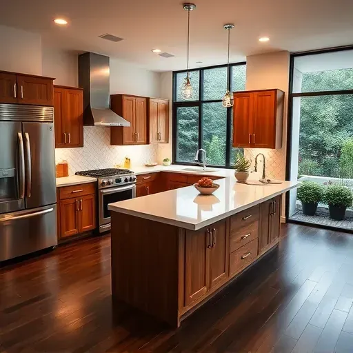 Modern kitchen remodel in Mundelein IL with high-end appliances, oak cabinetry, and natural light from large windows.
