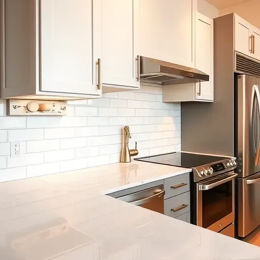 Freshly installed glossy subway tile backsplash with subtle herringbone pattern in a modern Bloomingdale kitchen with neutral cabinets and stainless steel appliances