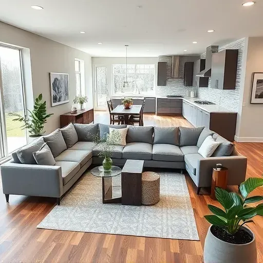 Modern living room in Lake Zurich IL with open concept, sleek furniture, large windows, and tasteful decor.