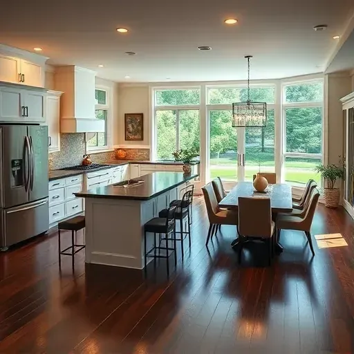 Modern Glencoe kitchen remodel with sleek white cabinets, granite island, stainless steel appliances, and rich hardwood floors.