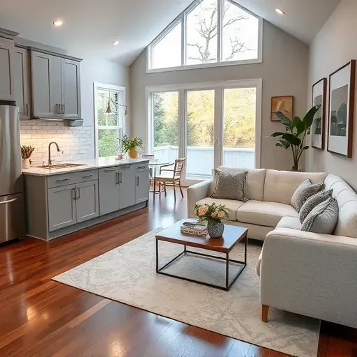 Renovated kitchen and living area in Long Grove IL featuring modern cabinetry, quartz countertops, and ambient lighting.