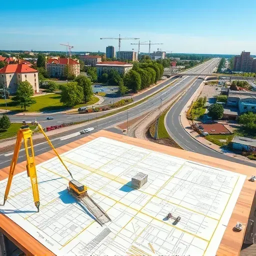 Pristine civil engineering and surveying scene in Bloomingdale IL with construction site, surveying tools, cadastral maps and scale model