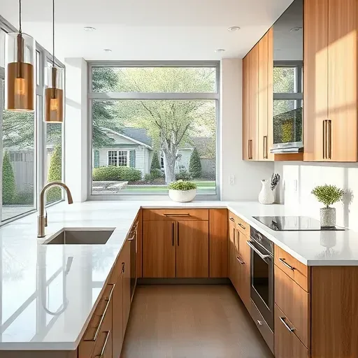 Modern Bloomingdale IL kitchen with stainless steel appliances marble countertops wooden cabinets lush backyard view