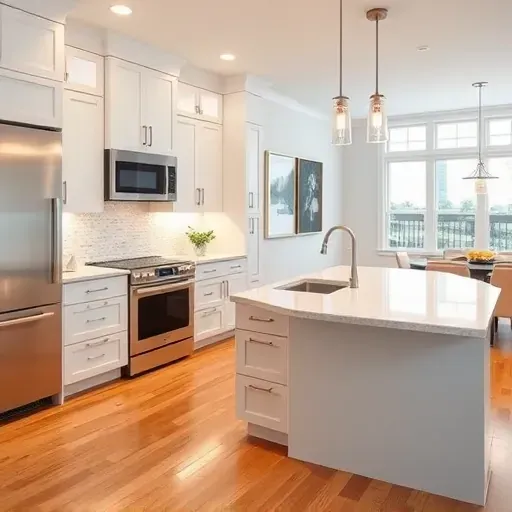 Modern renovated Riverwoods kitchen with white cabinetry stainless appliances quartz island hardwood floors and natural light