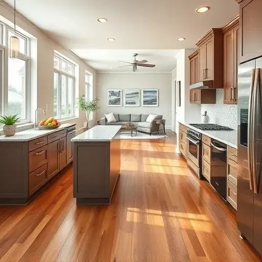 Modern Skokie kitchen remodel with sleek cabinetry natural light elegant decor and cozy open-concept living room.
