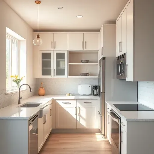 Renovated small Bloomingdale IL kitchen with modern neutral cabinets stainless steel appliances quartz countertop and natural sunlight