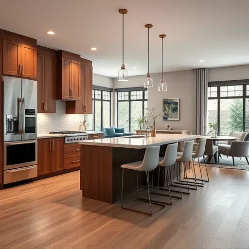 Modern kitchen remodel in South Barrington, IL, featuring quartz countertops, hardwood cabinetry, and open living area.