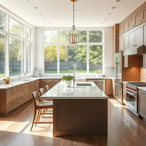 Modern renovated South Barrington kitchen with sleek cabinetry quartz countertops stainless steel appliances large island natural light lush garden views stylish backsplash pendant lighting clean and elegant design