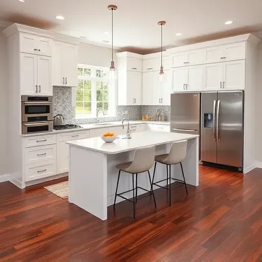 Modern elegant kitchen remodel in Rolling Meadows IL featuring white cabinetry, quartz countertops, and stylish island.