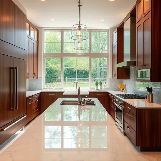 Modern remodeled kitchen with wood cabinets quartz countertops stainless steel appliances and large windows in Long Grove IL