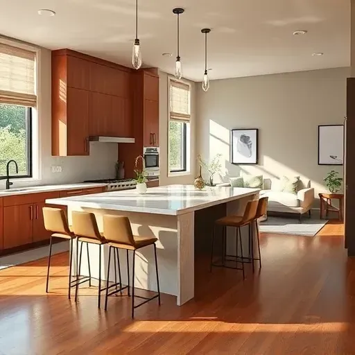 Modern kitchen remodel in Skokie IL with marble island, sleek cabinetry, and polished hardwood flooring in an open layout.