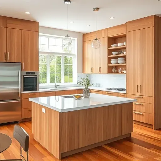 Renovated Barrington Illinois modern kitchen with wood finish cabinets stainless steel appliances marble island pendant lights open shelving hardwood floor natural light