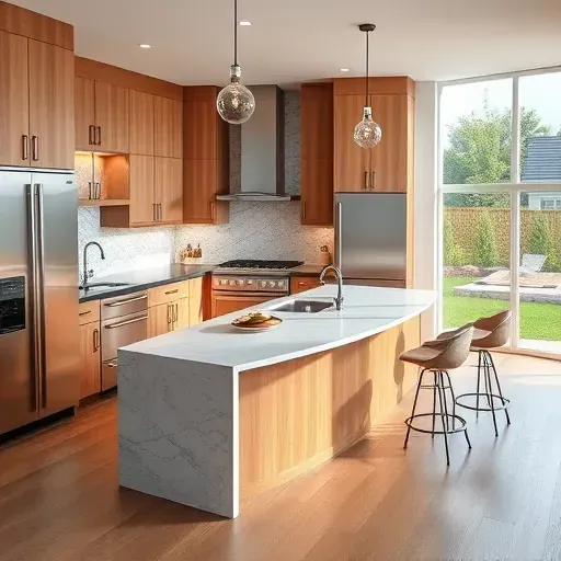 Renovated Bloomingdale IL kitchen with quartz countertops stainless steel appliances wood cabinets marble island and natural light